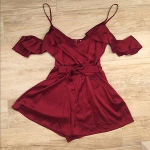 Kimchi Blue Red Satin Off the Shoulder Romper